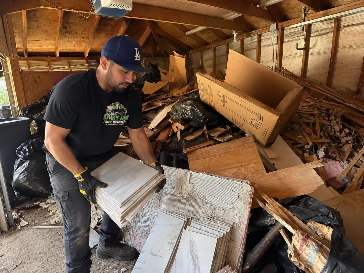 A Junky Jan crew member clearing wood and old cabinets out of a garage
