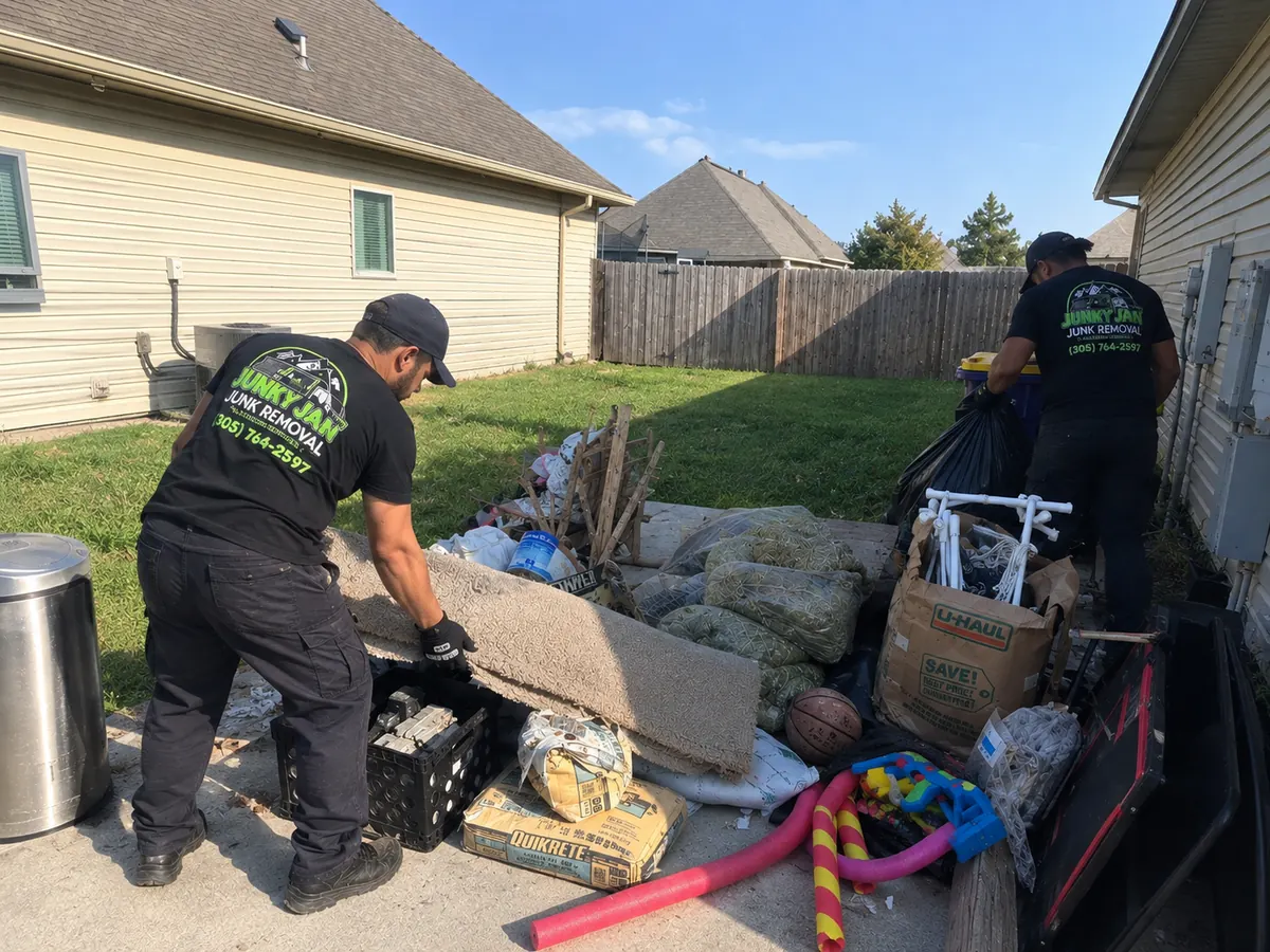 Two Junky Jan crew members loading household junk from a backyard