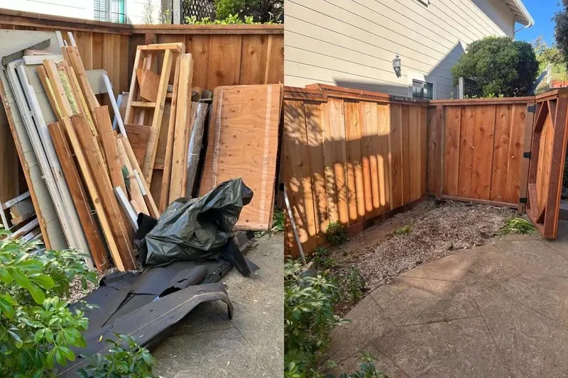 Before and after: old fence boards and yard junk cleared from a side yard