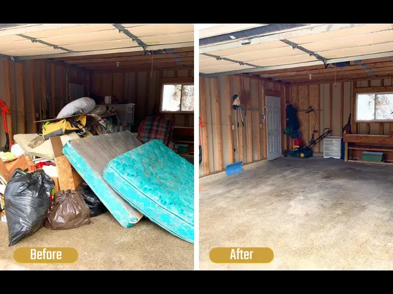 Before and after: a garage cleared of a mattress, bags and boxes
