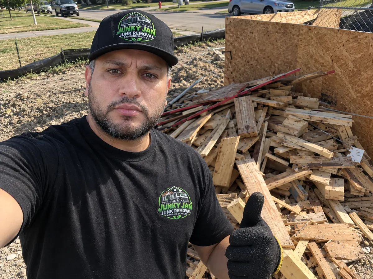 A Junky Jan crew member giving a thumbs up beside a pile of scrap wood