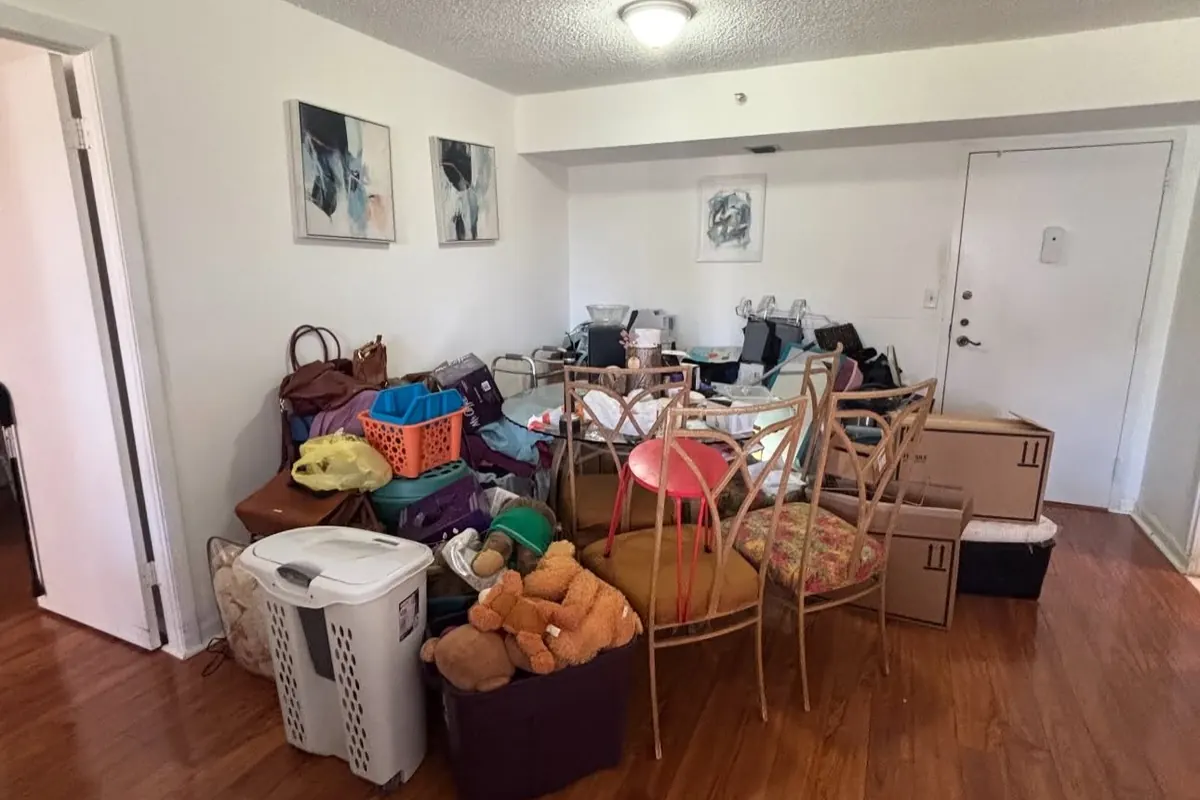 A living room filled with boxes and furniture before a cleanout